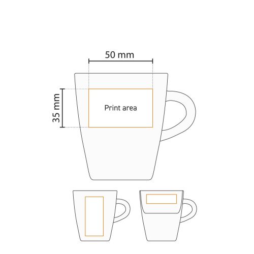 Technische werktekening met drukgebied voor logo-opdruk op de Cynthia mok wit 25 cl. porselein.