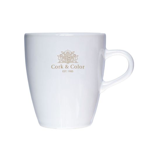Cynthia mok wit 25 cl. met bedrukt CorkColor-logo in één kleur op het voorvlak van de mok.