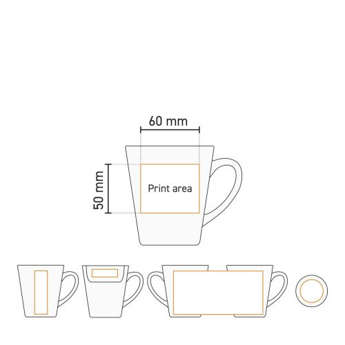 Werktekening van Delta mok 30 cl. porselein met aanduiding van bedrukkingsgebied.