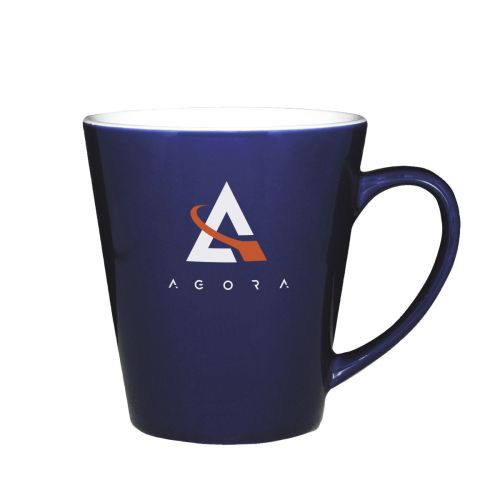 Vooraanzicht van blauw-witte Delta mok 30 cl. van porselein met rechte vorm en glad oppervlak.