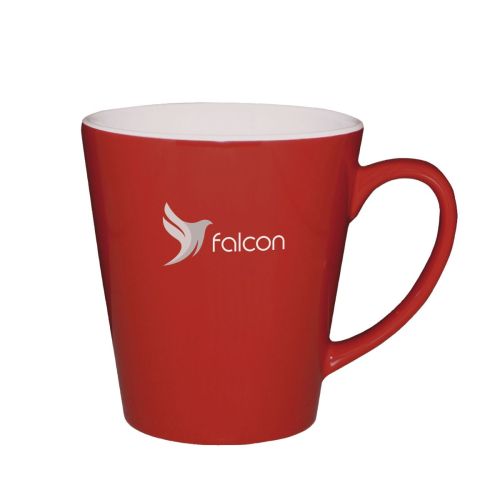 Vooraanzicht van rood-witte Delta mok 30 cl. van porselein met rechte vorm en glad oppervlak.