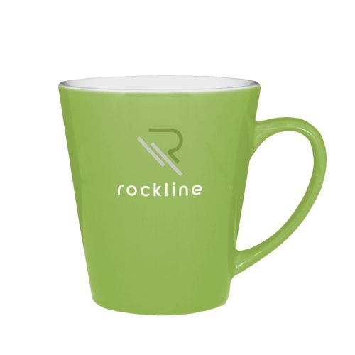 Vooraanzicht van groen-witte Delta mok 30 cl. van porselein met rechte vorm en glad oppervlak.