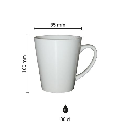 Infographic van Delta mok 30 cl. porselein met productafmetingen in hoogte en diameter.