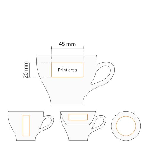 Werktekening met schematische weergave van het drukgebied voor logo-opdruk op het kopje.