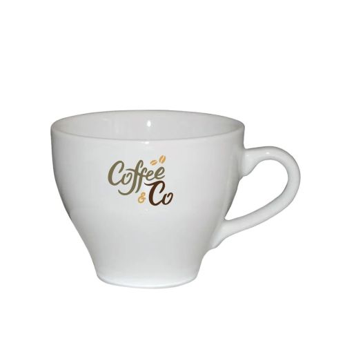 Porseleinen Dom Cappuccino kop 20 cl. met meerkleurig CoffeeCo-logo op de voorkant.