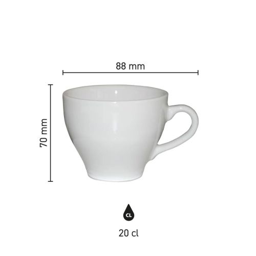 Infographic toont technische afmetingen van de Dom Cappuccino kop wit 20 cl. in millimeters.