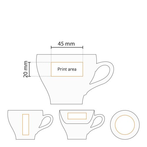 Gedetailleerde werktekening toont het drukgebied van Dom Cappuccino wit 20 cl. SET porselein.