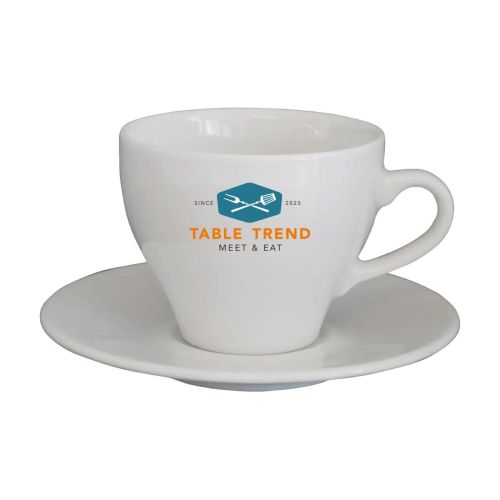 Porseleinen Dom Cappuccino wit 20 cl. set met meerkleurig TableTrend-logo op de voorkant.