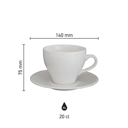 Infographic toont technische maatvoering van de om Cappuccino wit 20 cl. set porselein.