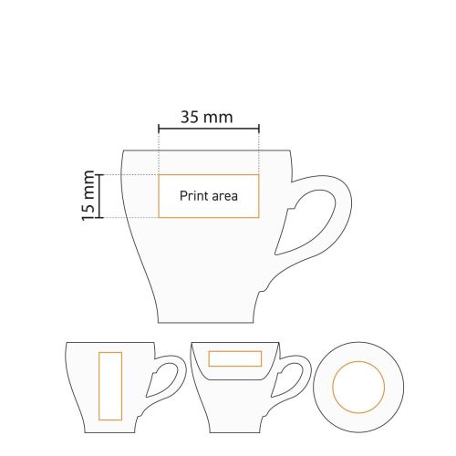 Gedetailleerde werktekening met drukgebied voor logo-opdruk op de Dom Espresso kop 8 cl.