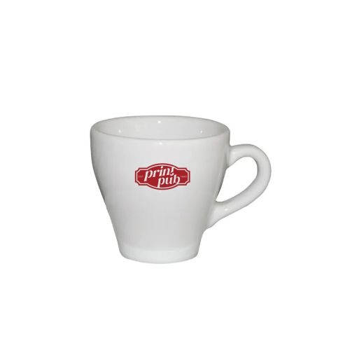Dom Espresso kop wit 8 cl. voorzien van PrintPub-logo in één kleur op de voorkant van de kop.
