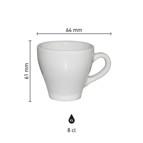 Infographic toont technische afmetingen van de Dom Espresso kop wit 8 cl. in millimeters.