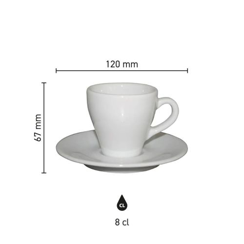 Infographic toont technische maatvoering van Dom Espresso wit 8 cl. SET porselein in millimeters.