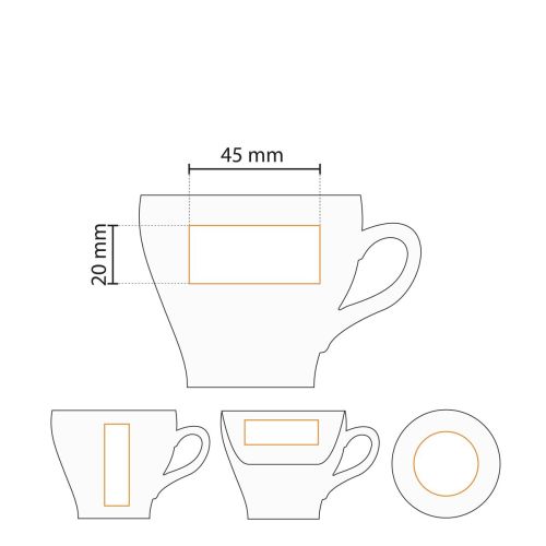 Werktekening toont het bedrukbare oppervlak van de Dom Koffie kop 15 cl. porselein.