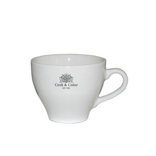 Voorzijde van Dom Koffie kop 15 cl. bedrukt met éénkleurig CorkColor-logo op wit porselein.