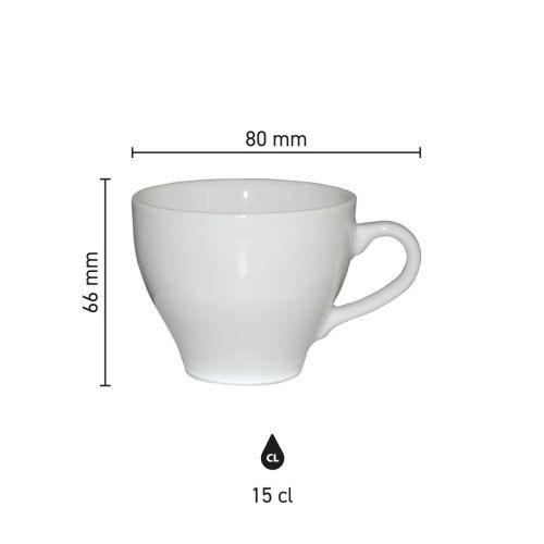 Infographic toont technische maatvoering van de Dom Koffie kop wit 15 cl. in millimeters.