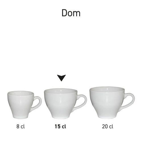 Overzicht van meerdere Dom Koffie koppen gepresenteerd als uniforme serie in porselein.