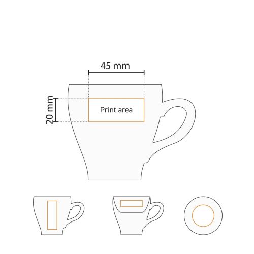Gedetailleerde werktekening met het drukgebied van Dom Koffie wit 15 cl. SET porselein.