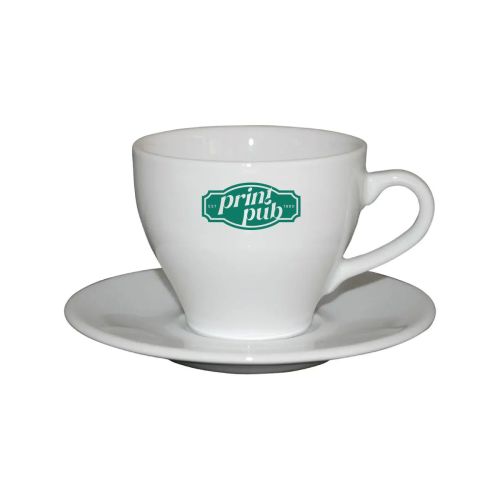 Vooraanzicht van Dom Koffie 15 cl. SET met éénkleurig PrintPub-logo bedrukt op wit porselein.