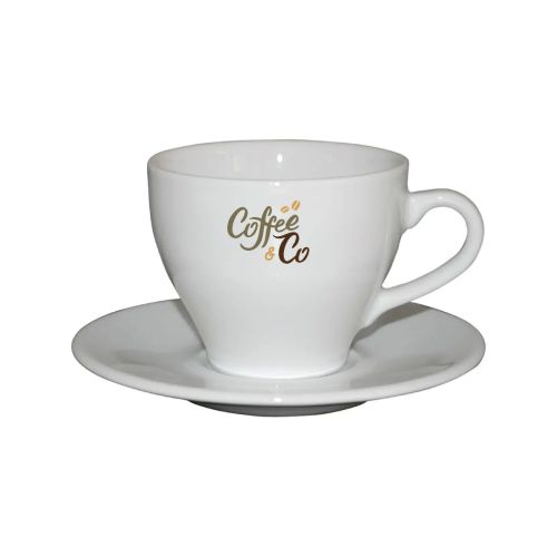 Porseleinen Dom Koffie 15 cl. SET met meerkleurig CoffeeCo-logo op de voorzijde zichtbaar.