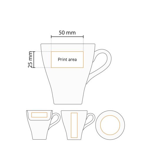 Technische werktekening geeft het drukgebied van Dom mok wit 25 cl. porselein duidelijk weer.
