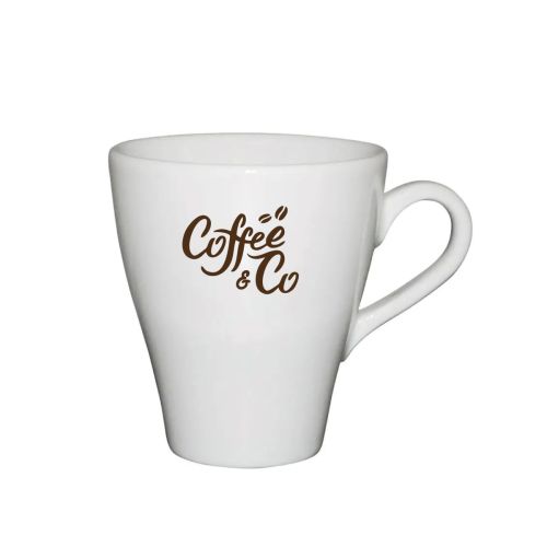 Dom mok 25 cl. met enkelkleurig CoffeeCo-logo bedrukt op de voorkant van het porselein.