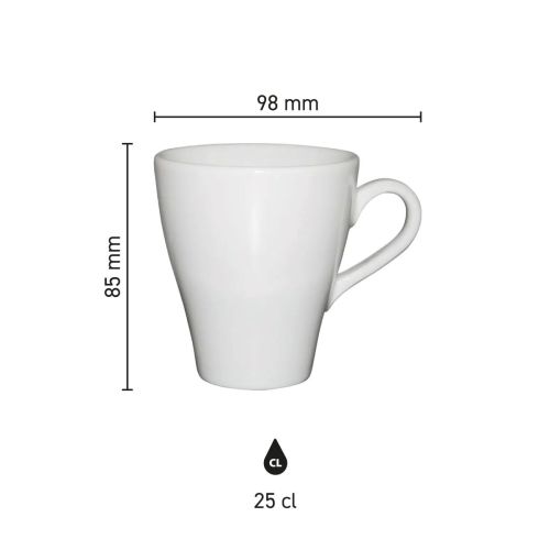Infographic met schaalverdeling toont de afmetingen van de Dom mok wit 25 cl. in detail.