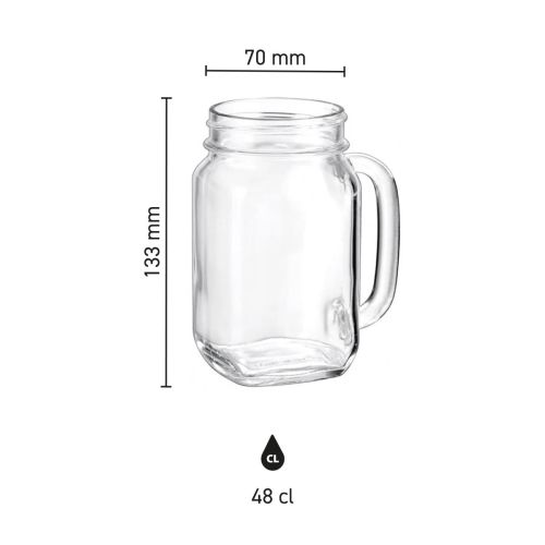 Technische infographic met maatvoering van de Drink Jar 48 cl. in hoogte, breedte en inhoud.