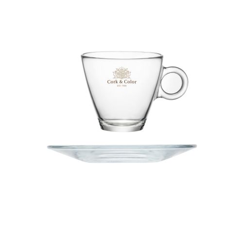 Voorzijde en zijkant van Easy Bar Cappuccino 23 cl. SET met gekleurd CorkColor-logo bedrukt op het glas.