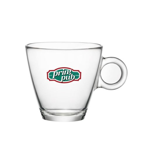 Glazen cappuccinokop 23 cl. met meerkleurig PrintPub-logo gedrukt op de voorzijde van het glas.