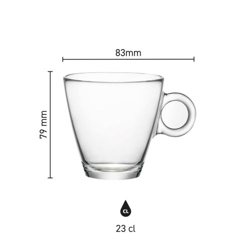 Technische werktekening toont drukgebied en logopositie op de Easy Bar cappuccino kop 23 cl. van glas.