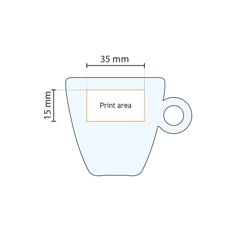 Technische tekening van het glas met aanduiding van het drukgebied voor logoplaatsing.