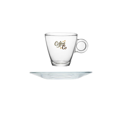 Espresso glas van 10 cl met meerkleurig “CoffeeCo”-logo prominent op de voorzijde gedrukt.