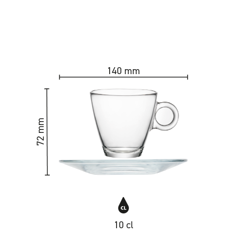 Infographic met exacte maten van het espresso glas, inclusief hoogte en diameter.