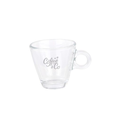 Easy Bar Espresso Kop 10 cl. van glas met gravure van logo van CoffeeCo op het vooraanzicht.
