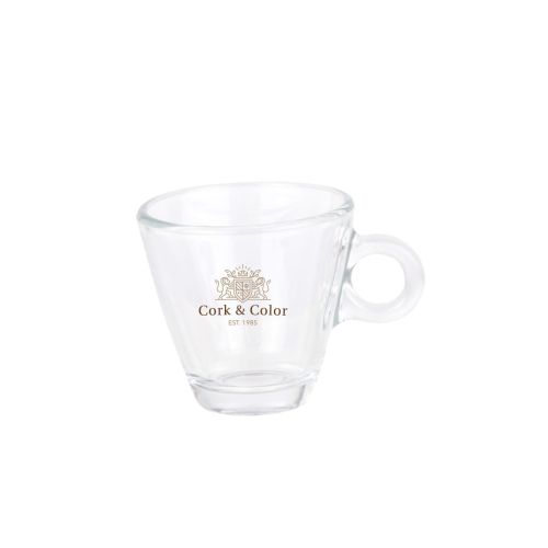 Glazen espresso kop 10 cl. met meerkleurig CorkColor-logo op de voorkant.