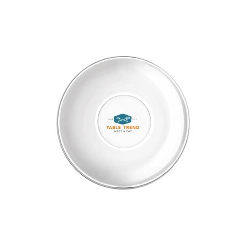 Glazen theeschotel 14 cm met meerkleurig TableTrend-logo in het midden bedrukt.