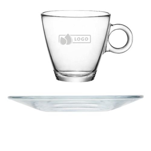 Glazen theekop 32 cl. met fijn gegraveerd logo op het vooraanzicht.