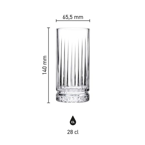 Infographic toont de productafmetingen van het Elysia Longdrink glas 28 cl.