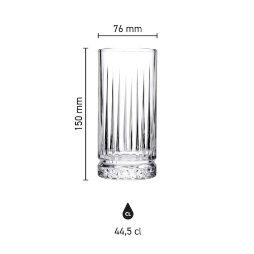 Afmetingen van het Elysia Longdrink glas 44,5 cl. overzichtelijk weergegeven in infographic.