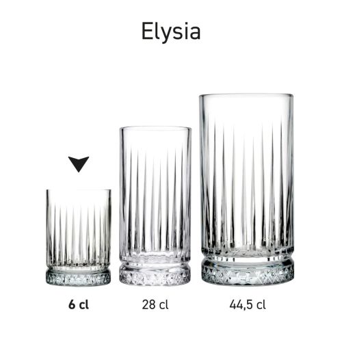 Serie Elysia Shotglazen 6 cl. naast elkaar getoond in variatie en formaat.
