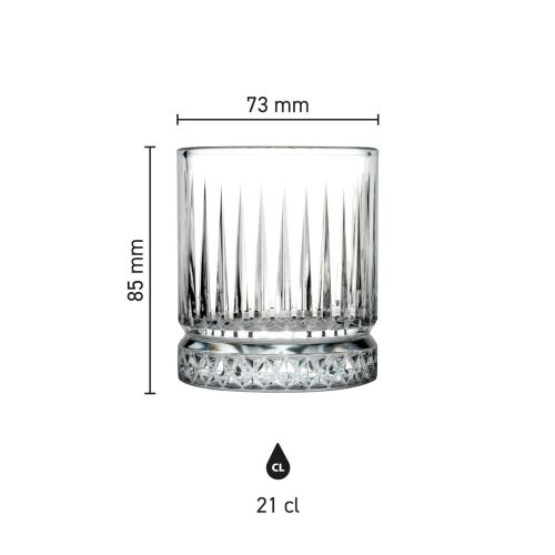 Infographic toont de productafmetingen van het Elysia Whisky glas 21 cl. helder en schematisch.