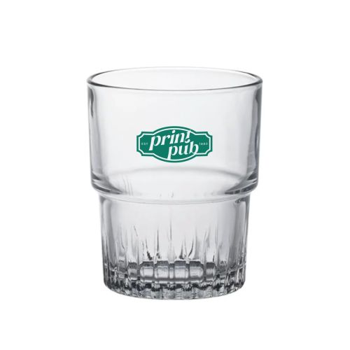 Empilable Tumbler glas 16 cl met PrintPub-logo in één kleur gecentreerd op het glasoppervlak.