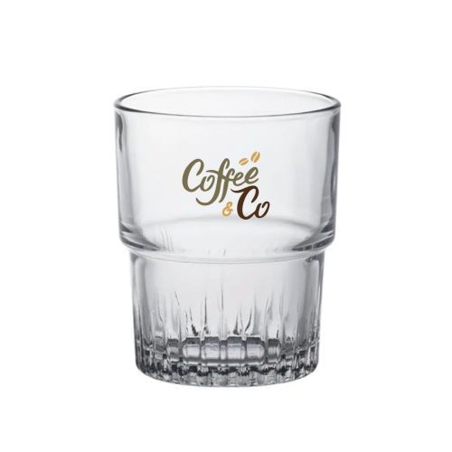 CoffeeCo-logo in meerdere kleuren zichtbaar op voorzijde van Empilable stapelbaar glas 16 cl.
