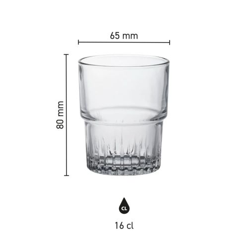 Infographic toont afmetingen van Empilable Tumbler 16 cl stapelbaar glas, inclusief diameter en hoogte.