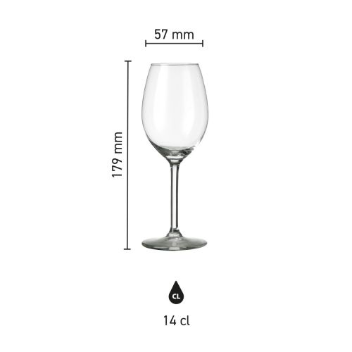 Infographic toont de exacte afmetingen van het Esprit portglas 14 cl. in millimeters.
