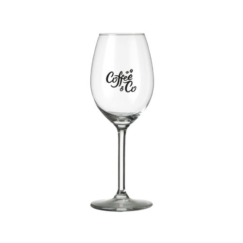 Eénkleurig CoffeeCo-logo duidelijk zichtbaar op de voorzijde van het Esprit 25 cl. glas.