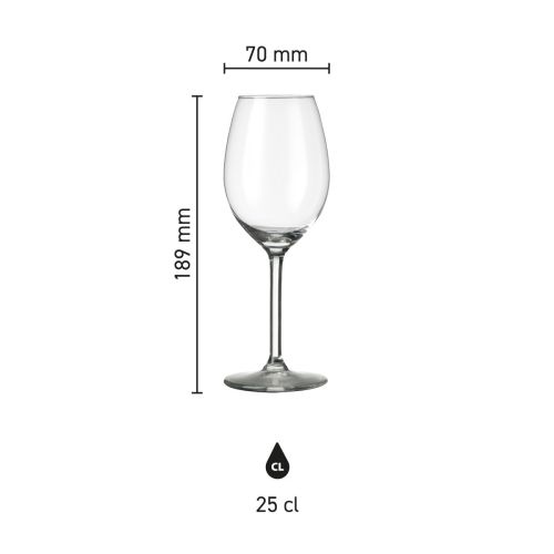 Infographic toont de exacte afmetingen van het Esprit wijnglas 25 cl. in millimeters.
