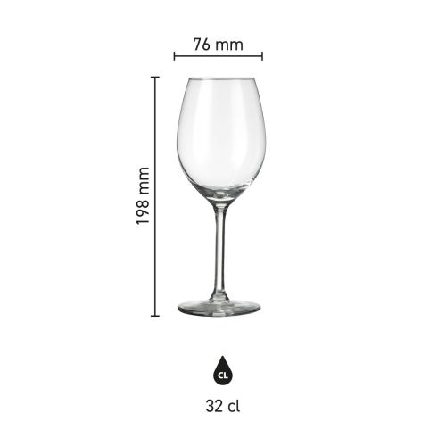 Infographic toont de precieze afmetingen van het Esprit wijnglas 32 cl. in millimeters.