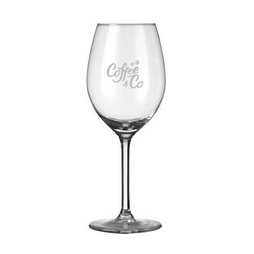 Esprit wijnglas 41 cl. met CoffeeCo-logo als fijne gravure zichtbaar op de voorzijde.